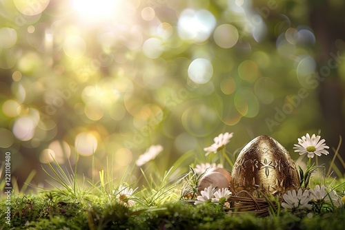 Glossy shinny Intricate golden Glossy shinny Intricate golden Easter poster and blank banner template on wooden background without text , on the extreme right third of an image, rule of thirds, 