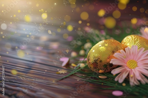 Glossy shinny Intricate golden Glossy shinny Intricate golden Easter poster and blank banner template on wooden background without text , on the extreme right third of an image, rule of thirds, 