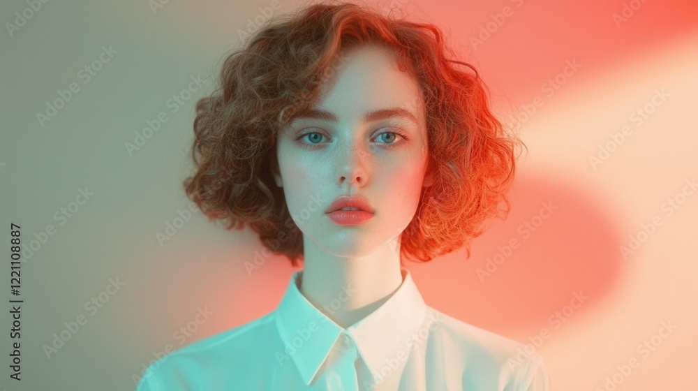 Intense Portrait of a Young Woman Expressing Disdain with a Soft Curly Hairstyle and a Unique Color Palette Intense Portrait of a Young Woman Expressing Disdain with a Soft Curly Hairstyle and a Unique Color Palette