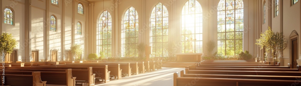 A serene interior of a church, illuminated by sunlight streaming through large stained glass windows, highlighting wooden pews and greenery. A serene interior of a church, illuminated by sunlight streaming through large stained glass windows, highlighting wooden pews and greenery.