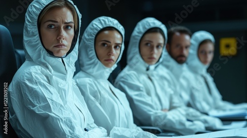 Team of scientists in protective suits meeting in research facility