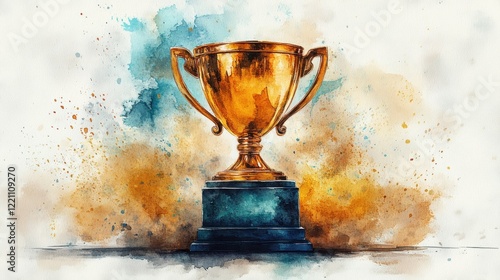 Golden trophy with vibrant watercolor splashes background
