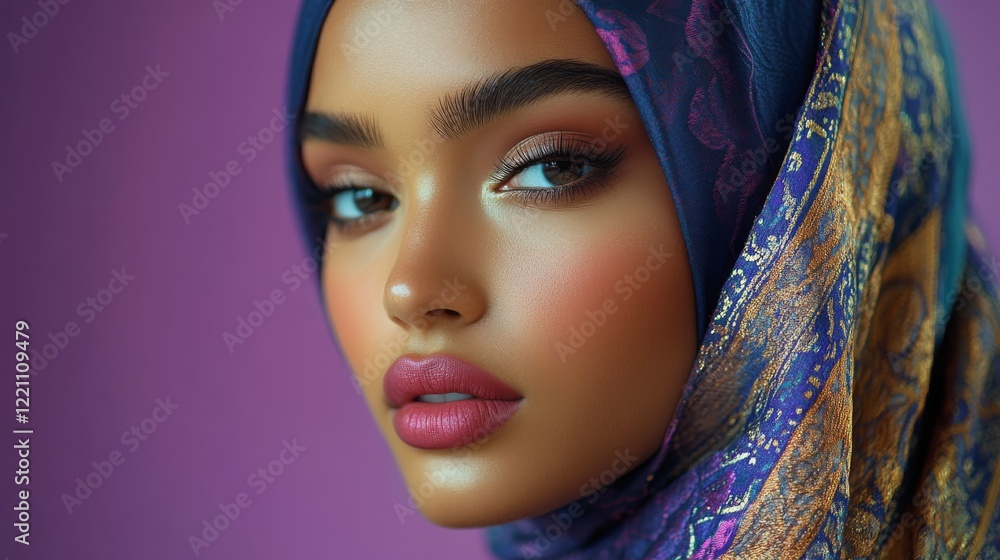 Portrait of an Arab model wearing a purple dress and colorful hijab. Beautiful Arab model with makeup and bright lipstick. Portrait of an Arab model wearing a purple dress and colorful hijab. Beautiful Arab model with makeup and bright lipstick.