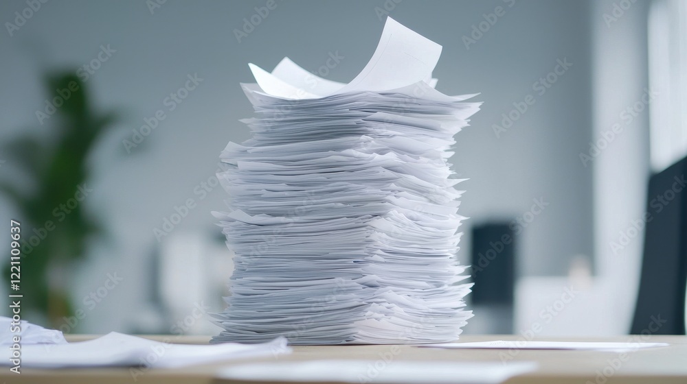 Stacked Paperwork on a Desk in a Busy Office Environment with Papers Overflowing in an Organized Chaos Stacked Paperwork on a Desk in a Busy Office Environment with Papers Overflowing in an Organized Chaos