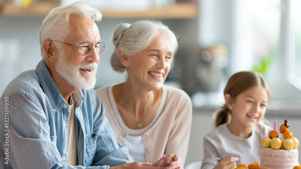 Obraz premium Grandparents enjoying birthday celebration with their granddaughter, smiling and sharing joyful moments together. atmosphere is warm and festive
