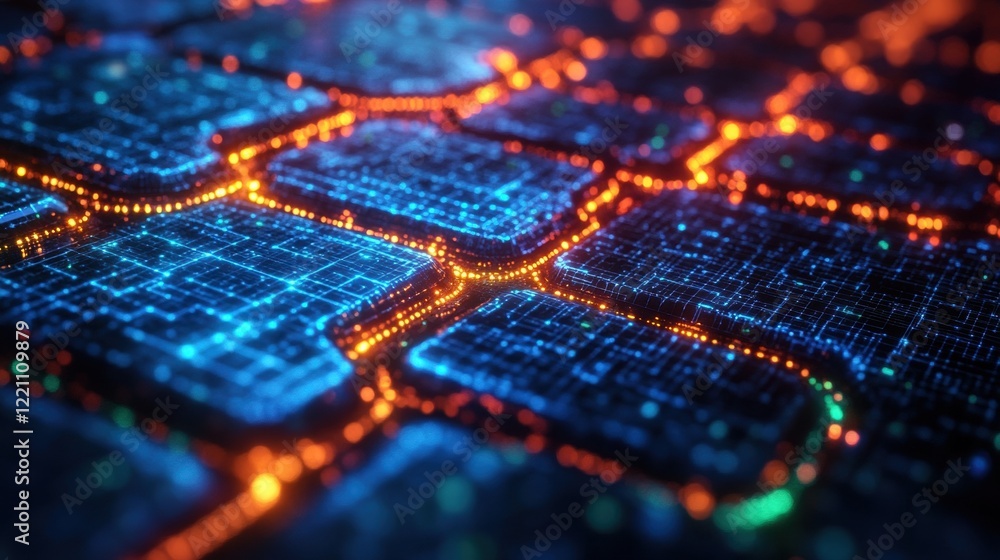 Futuristic glowing circuit board with blue and orange lights Futuristic glowing circuit board with blue and orange lights