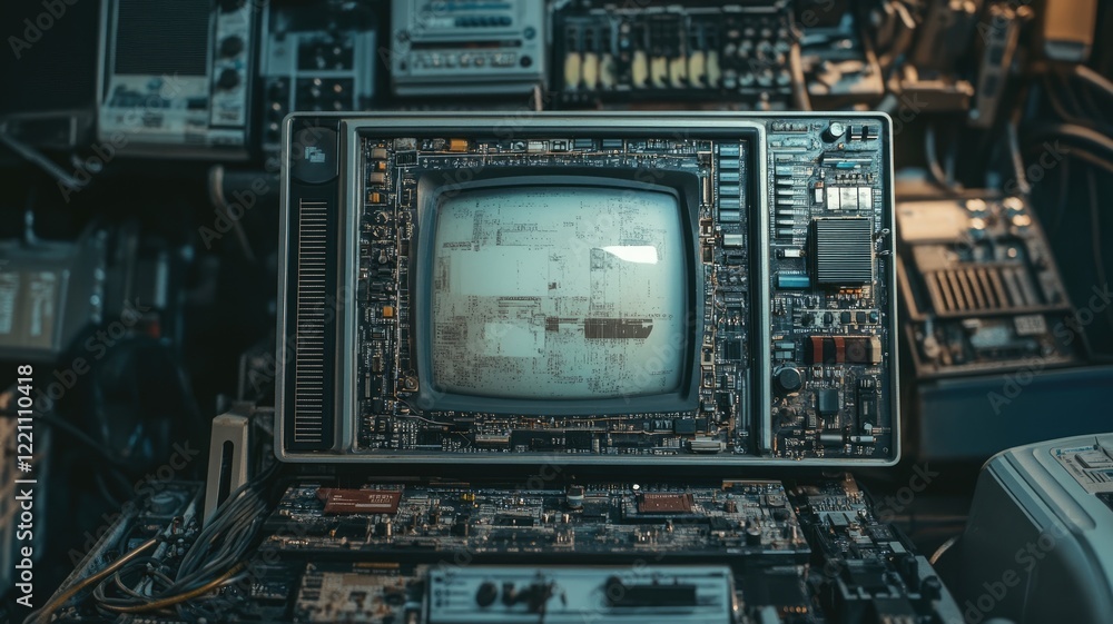 Fototapeta premium Vintage television with circuit boards and components, symbolizing technology evolution