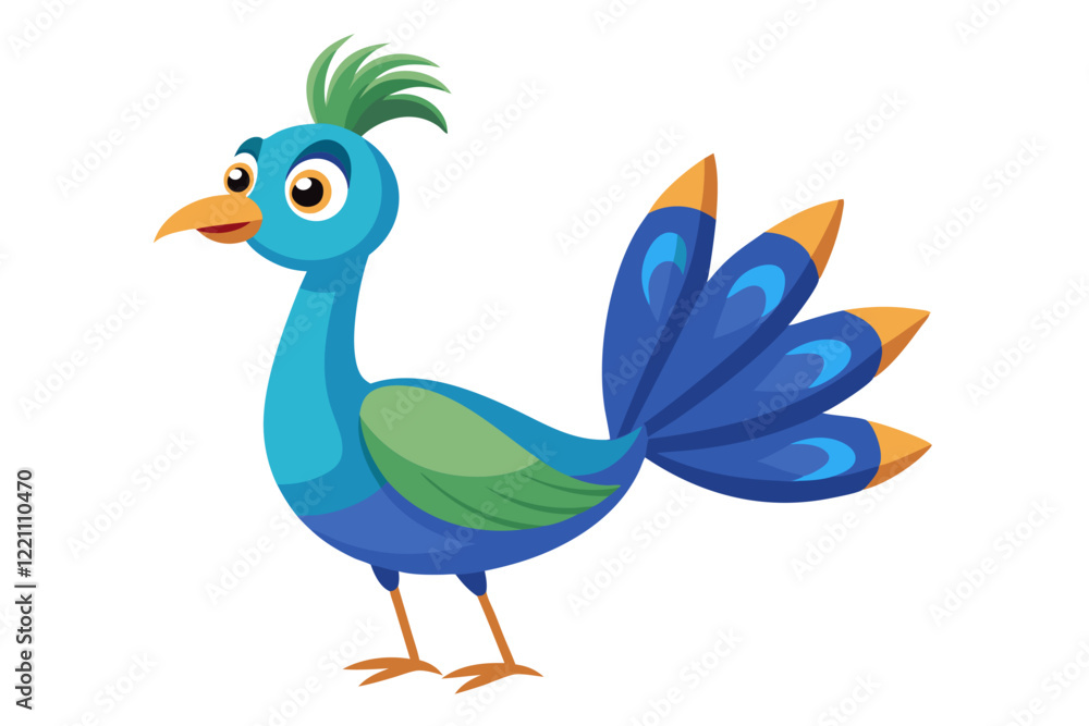 Obraz premium Beautiful Watercolor Vector of a Cartoon Peacock – Isolated, Colorful and Elegant Bird Illustration on White Background for Art, Design, Prints, and Digital Projects