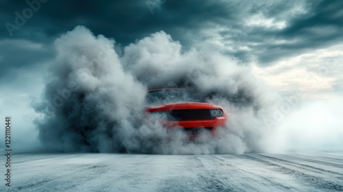 A red car intensely spins out, filling the air with dramatic clouds of smoke, set against a moody backdrop, showcasing raw power and adrenaline-filled excitement.