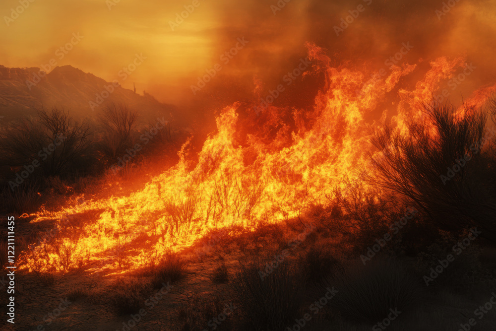 Devastating wildfire engulfs desert landscape under a hazy orange sky, showcasing the intense heat and destruction of dry brush Devastating wildfire engulfs desert landscape under a hazy orange sky, showcasing the intense heat and destruction of dry brush