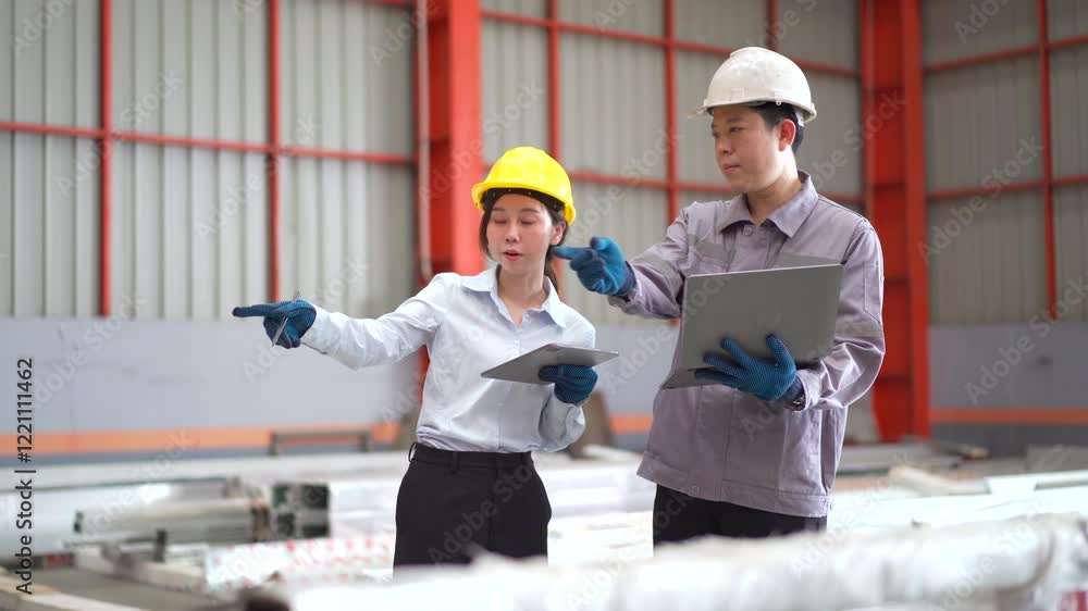 Team of Asian mechanical engineers is having a discussion inside the factory. Team of Asian mechanical engineers is having a discussion inside the factory.