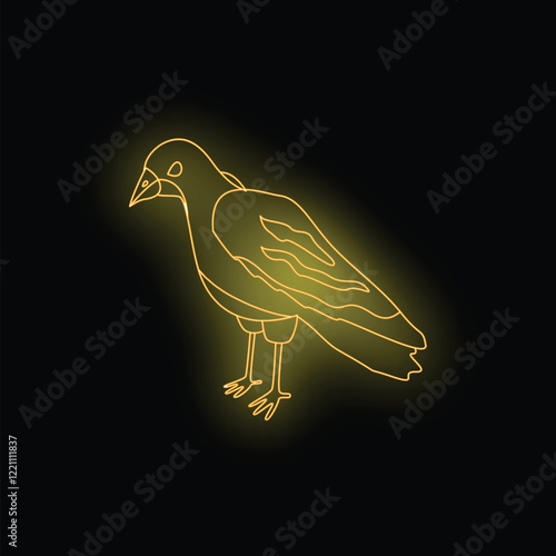 Neon sign in the shape of a raven, glowing bright yellow on a black background