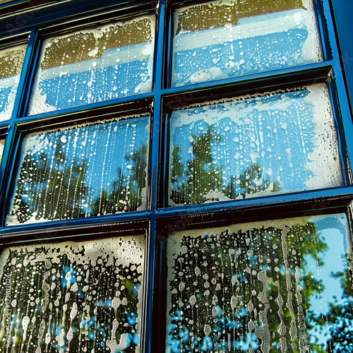 Close-up of soapy window panes reflecting greenery and blue sky during cleaning process