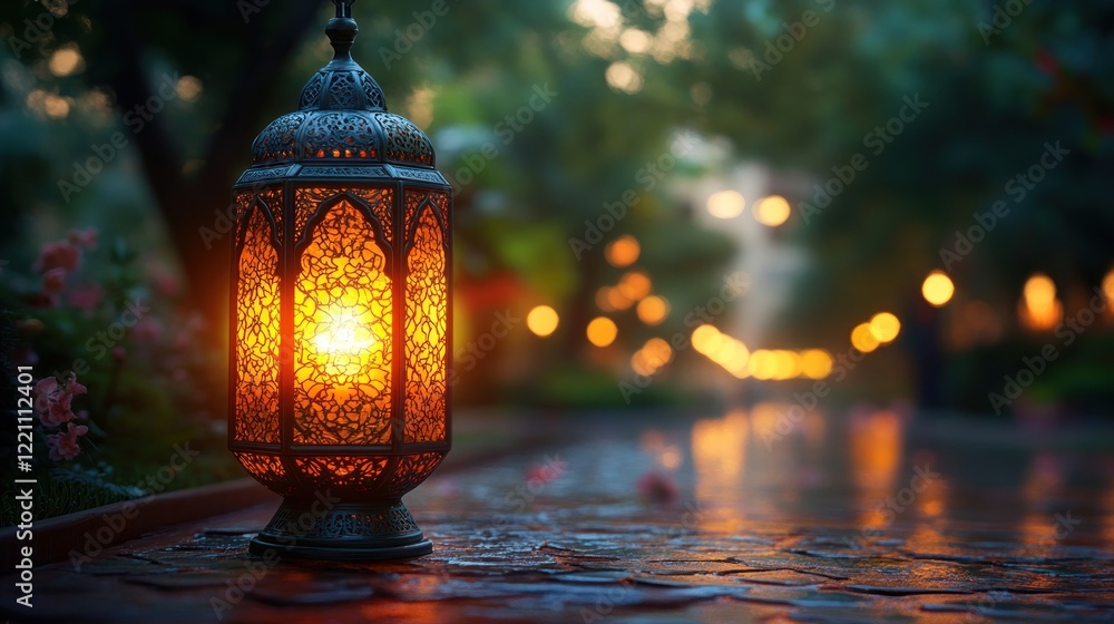 Illuminated Moroccan Lantern Stands On Wet Stone Path Illuminated Moroccan Lantern Stands On Wet Stone Path