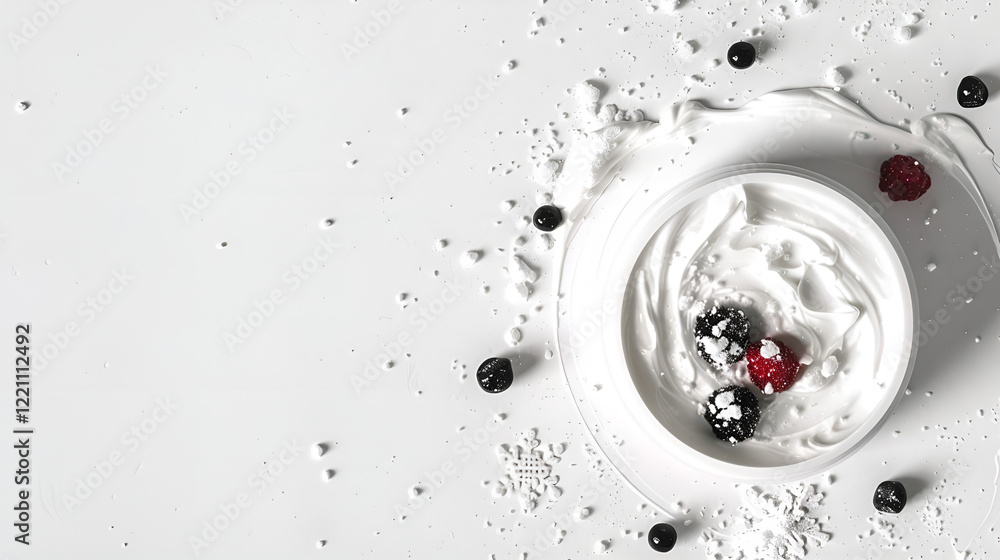 Fototapeta premium Delicious creamy dessert with berries and powdered sugar scattered on a white surface