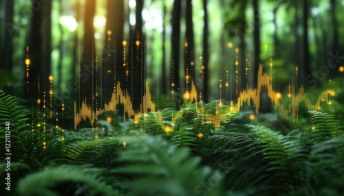 Lush green forest with stock market graph overlay representing nature and finance interconnected
