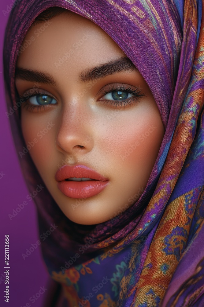 Portrait of an Arab model wearing a purple dress and colorful hijab. Beautiful Arab model with makeup and bright lipstick. Portrait of an Arab model wearing a purple dress and colorful hijab. Beautiful Arab model with makeup and bright lipstick.