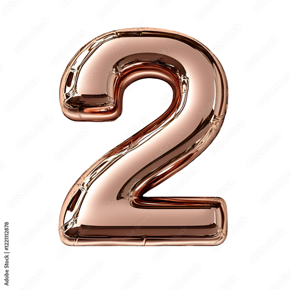 Top view of a 3D number 2 made of Copper metal isolated on a white transparent background Top view of a 3D number 2 made of Copper metal isolated on a white transparent background