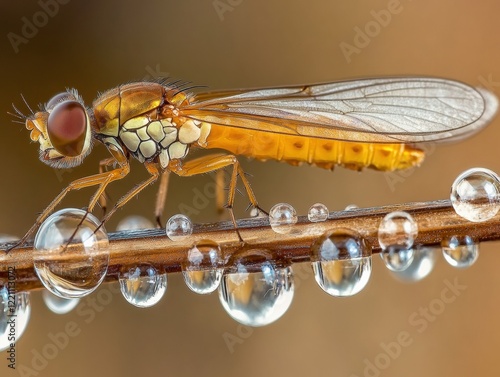 Close-up of Yellow Insect with Dewy Wing, Macro Photography of Odonata photo