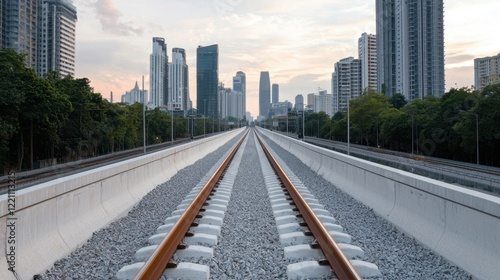 Urban Landscape with Train Tracks Leading Through City Architecture at Dusk in a Modern Metropolis