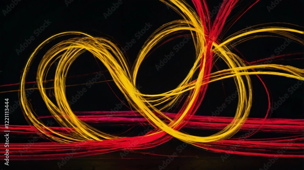 Long exposure photograph of neon colours (red and yellow) in an abstract lines against a black background. It seems infinity. Light painting photography. Good wallpaper. Multicolored dynamic. magic Long exposure photograph of neon colours (red and yellow) in an abstract lines against a black background. It seems infinity. Light painting photography. Good wallpaper. Multicolored dynamic. magic