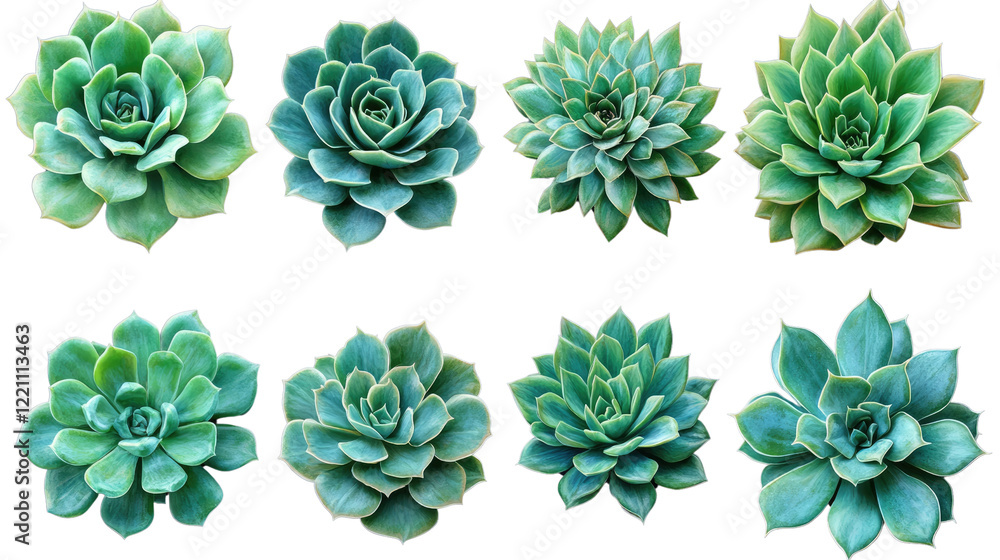 Fototapeta premium Botanical Collage: A captivating top-down view showcasing a vibrant assortment of eight unique succulents, their verdant petals and intricate forms arranged in an eye-pleasing design.