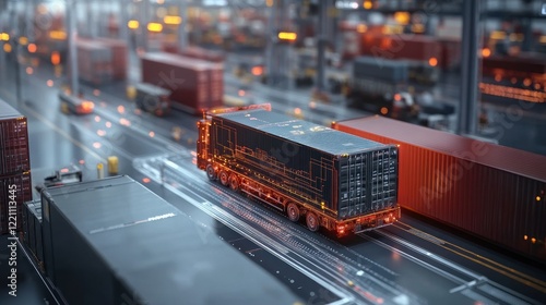 Futuristic semi truck carrying cargo navigates a busy technologically advanced shipping port photo