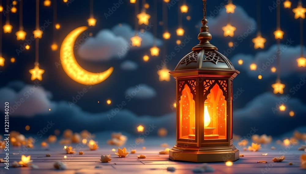 3D rendering of a Ramadan lantern decoration with a glowing red light, golden crescent moon, hanging stars, dark blue sky, and soft illuminated clouds, creating a serene and festive atmosphere. 3D rendering of a Ramadan lantern decoration with a glowing red light, golden crescent moon, hanging stars, dark blue sky, and soft illuminated clouds, creating a serene and festive atmosphere.