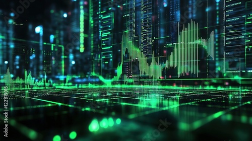 A stylized financial chart with green tones, displaying upward and downward trends. Panoramic abstract backdrop with stock market growth/down, digital financial chart graphs and indicators.