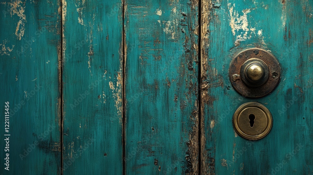 Fototapeta premium Vintage turquoise wooden door with brass knob and lock