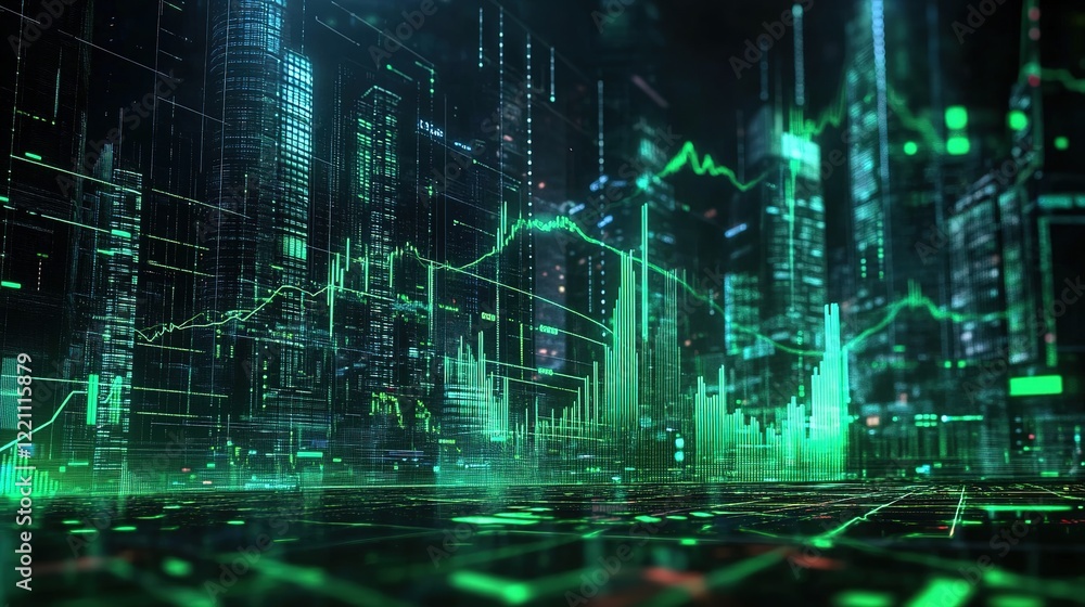 A stylized financial chart with green tones, displaying upward and downward trends. Panoramic abstract backdrop with stock market growth/down, digital financial chart graphs and indicators.