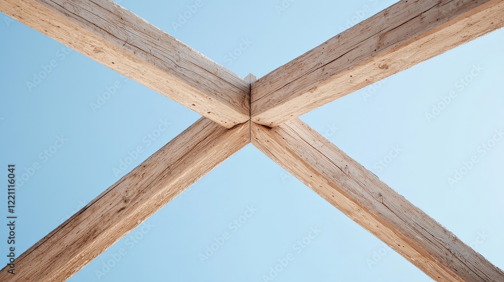 Wooden Rafters Supporting Roof of Old Bar Against Clear Blue Sky Wooden Rafters Supporting Roof of Old Bar Against Clear Blue Sky