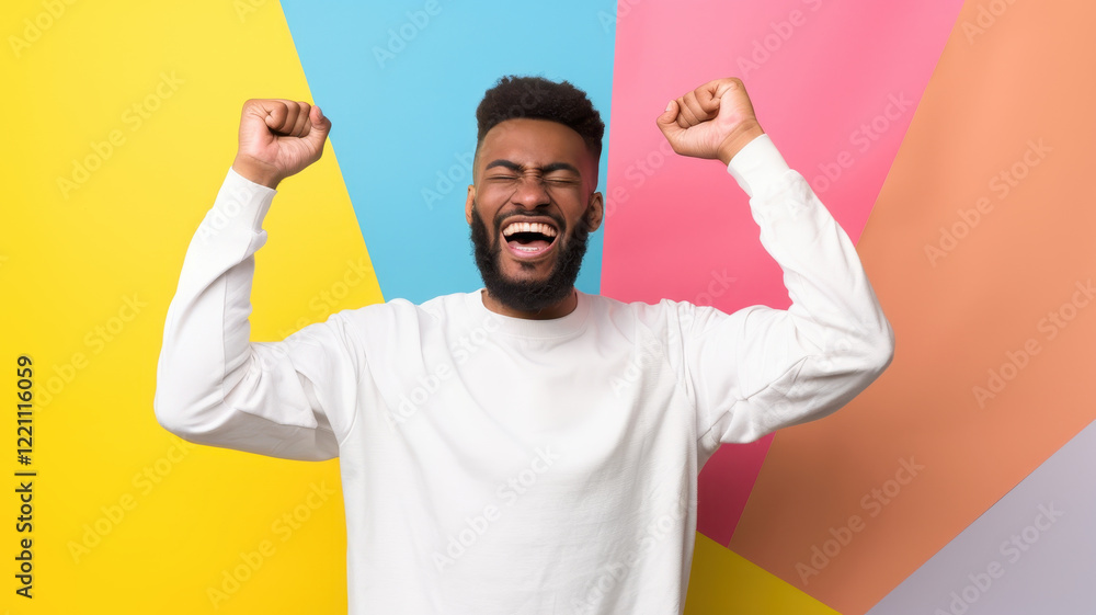 man expressing joy with energetic dance moves against colorful background. His excitement and happiness are evident as he celebrates with raised arms man expressing joy with energetic dance moves against colorful background. His excitement and happiness are evident as he celebrates with raised arms