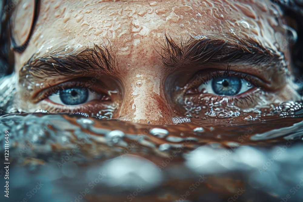 Face with piercing blue eyes partially submerged in water, droplets covering the skin. Concept of connection with nature and intensity. Face with piercing blue eyes partially submerged in water, droplets covering the skin. Concept of connection with nature and intensity.