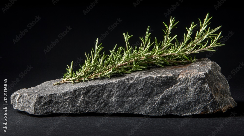 Fototapeta premium Rosemary Sprig on a Dark Stone: A Culinary Delight