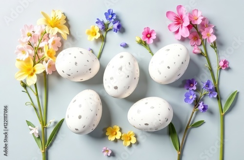 Easter composition. Banner on a white background. the eggs are white with gray spots, with delicate bright pink, blue, yellow, lilac flowers on long stems in the background. top view. five eggs, a lot photo