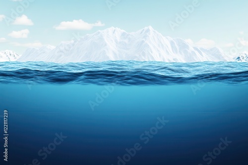 The impact of climate change on weather and sea levels. Underwater view of waves and distant snowy mountains.