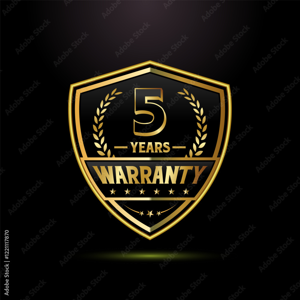 Fototapeta premium Luxury 5 years warranty with golden shield shape. for label, seal, stamp, icon, logo, badge