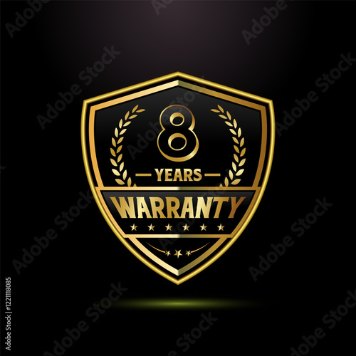 Luxury 8 years warranty with golden shield shape. for label, seal, stamp, icon, logo, badge