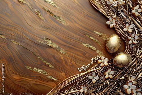 Glossy shinny Intricate golden Glossy shinny Intricate golden Easter poster and blank banner template on wooden background without text , on the extreme right third of an image, rule of thirds, 