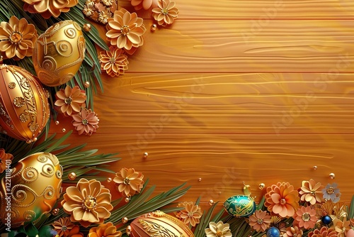 Glossy shinny Intricate golden Glossy shinny Intricate golden Easter poster and blank banner template on wooden background without text , on the extreme right third of an image, rule of thirds,