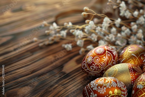 Glossy shinny Intricate golden Glossy shinny Intricate golden Easter poster and blank banner template on wooden background without text , on the extreme right third of an image, rule of thirds, 