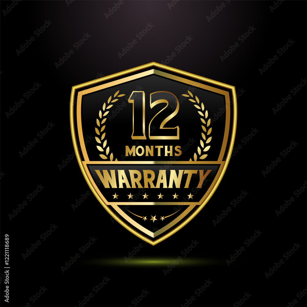 Fototapeta premium Luxury 12 months warranty with golden shield shape. for label, seal, stamp, icon, logo, badge