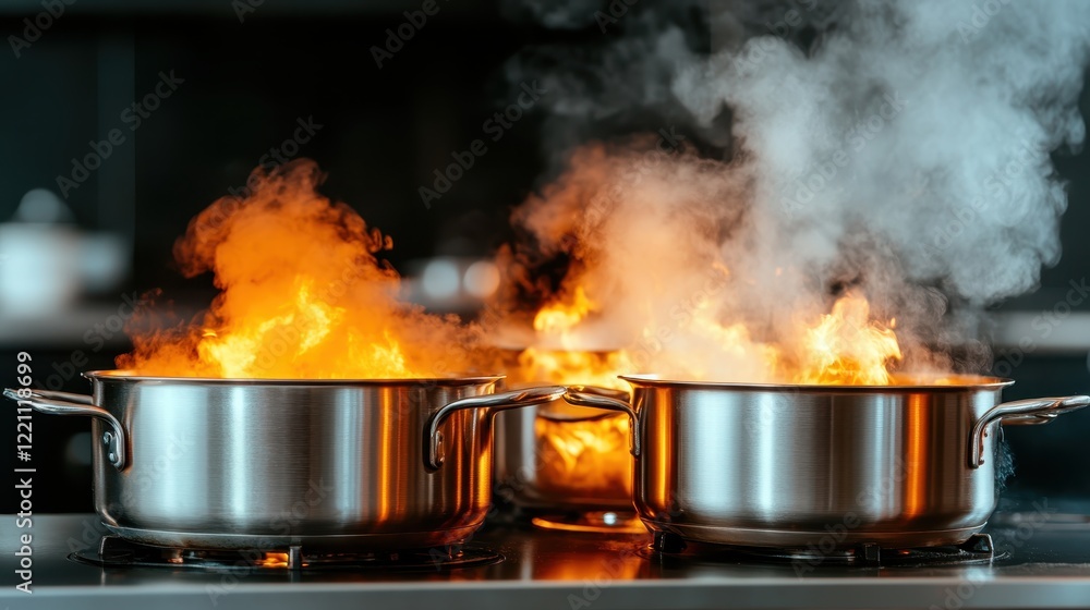 Two pots overflowing with steam and flames, creating an intense and dramatic scene in a kitchen that shows the energetic side of cooking with vivid contrasts. Two pots overflowing with steam and flames, creating an intense and dramatic scene in a kitchen that shows the energetic side of cooking with vivid contrasts.
