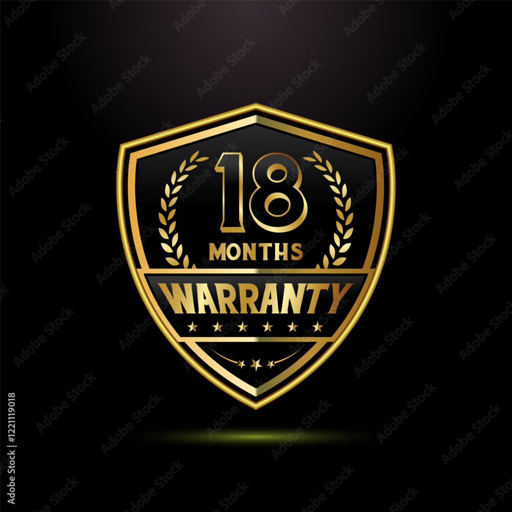 Fototapeta premium Luxury 18 months warranty with golden shield shape. for label, seal, stamp, icon, logo, badge