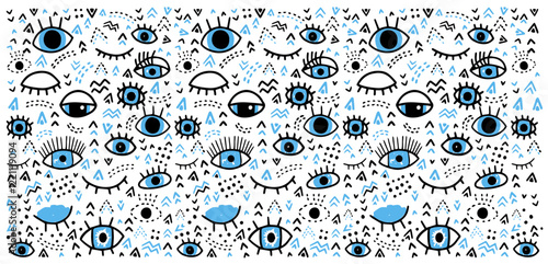 Hand drawn sketch vector evil eye pattern banner open and closed eyes and geometric shapes in hand drawn doodle ethnic style