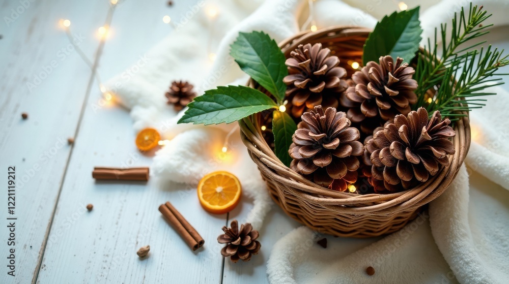 Cozy Winter Arrangement Featuring Pine Cones in a Basket with Festive Accents Cozy Winter Arrangement Featuring Pine Cones in a Basket with Festive Accents