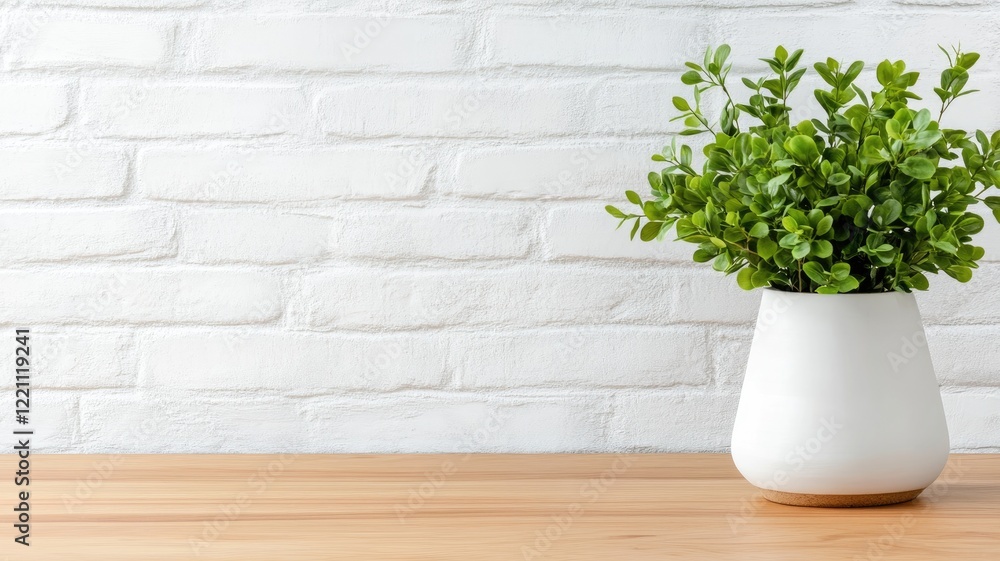 Potted plant on wooden table in front of white brick wall Potted plant on wooden table in front of white brick wall