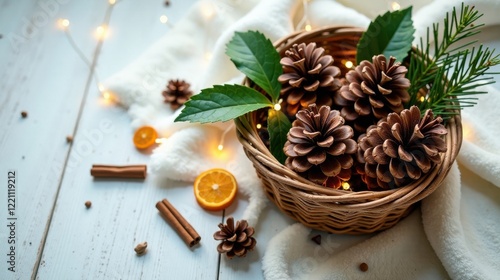 Wallpaper Mural Cozy Winter Arrangement Featuring Pine Cones in a Basket with Festive Accents Torontodigital.ca