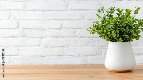 Wallpaper Mural Potted plant on wooden table in front of white brick wall Torontodigital.ca